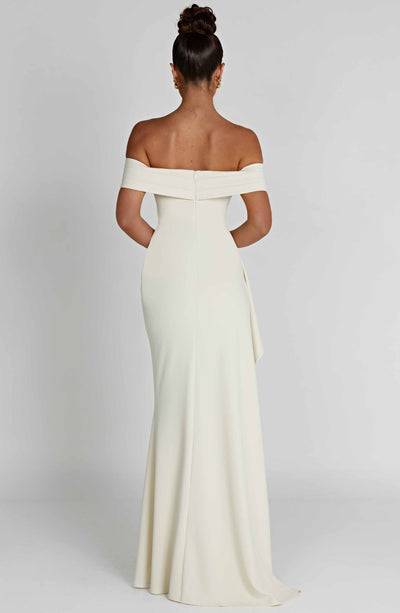 Women’s Evening Gown - Off-Shoulder - Ruched Bodice - High Slit - Asymmetrical Hem