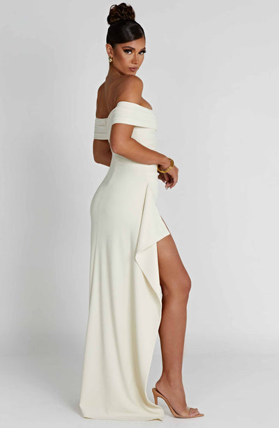 Women’s Evening Gown - Off Shoulder - Fitted Silhouette - High Slit Floor Length