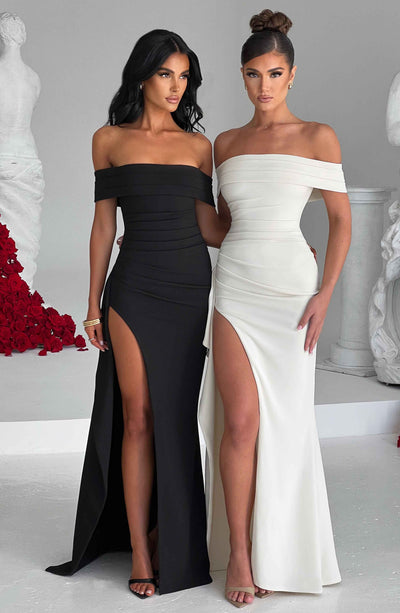 Women’s Evening Gown - Off-Shoulder - Ruched Bodice - High Slit - Asymmetrical Hem