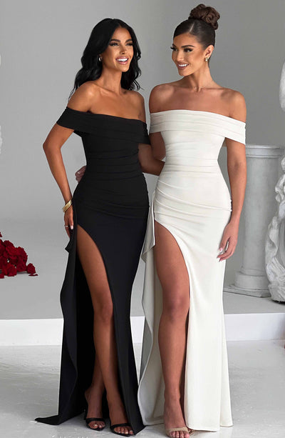 Women’s Evening Gown - Off-Shoulder - Ruched Bodice - High Slit - Asymmetrical Hem