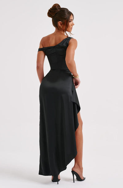 Women’s Evening Gown - One Shoulder - Ruching Bodice - High Slit - Draped Floor-Length