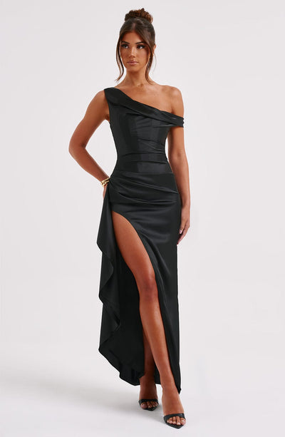 Women’s Evening Gown - One Shoulder - Ruching Bodice - High Slit - Draped Floor-Length