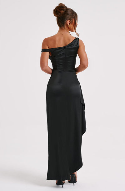 Women’s Evening Gown - One Shoulder - Ruching Bodice - High Slit - Draped Floor-Length