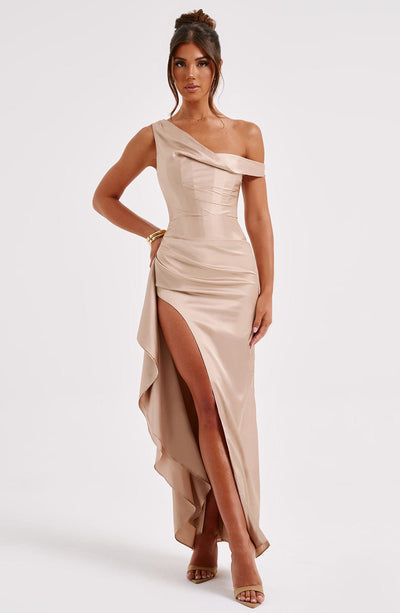 Women’s Evening Gown – One Shoulder – Satin Sheen – High Slit – Draped Bodice – Floor Length