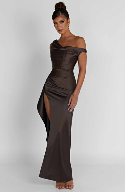 Women’s Evening Gown – One Shoulder – High Slit – Fitted Satin-Like Formal Dress
