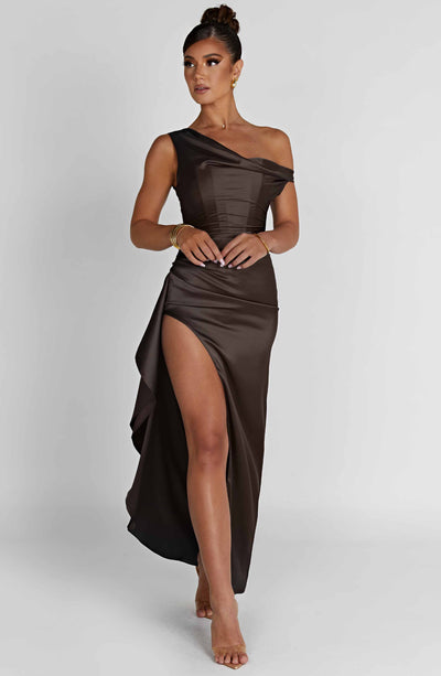 Women’s Evening Gown - One Shoulder - Ruching Bodice - High Slit - Draped Floor-Length