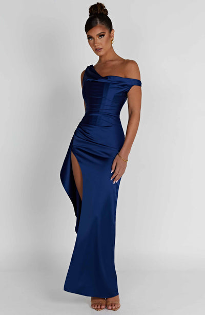 Women’s Evening Gown – One Shoulder – High Slit – Fitted Satin-Like Formal Dress