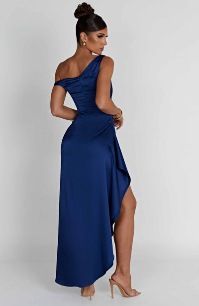 Women’s Evening Gown - One Shoulder - Ruching Bodice - High Slit - Draped Floor-Length