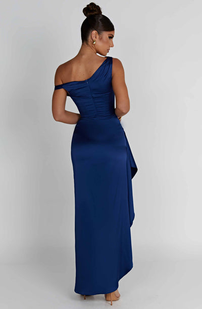 Women’s Evening Gown – One Shoulder – High Slit – Fitted Satin-Like Formal Dress