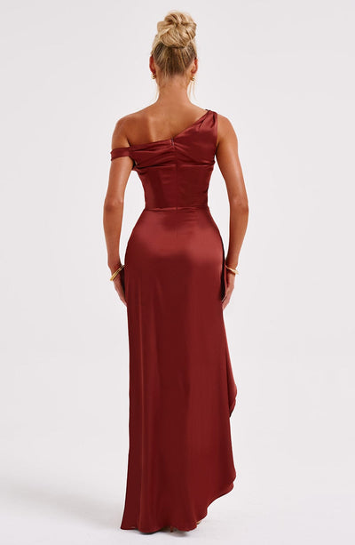Women’s Evening Gown - One Shoulder - Ruching Bodice - High Slit - Draped Floor-Length