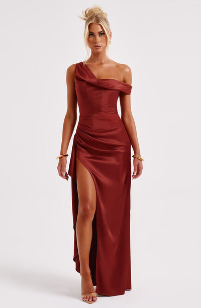 Women’s Evening Gown - One Shoulder - Ruching Bodice - High Slit - Draped Floor-Length