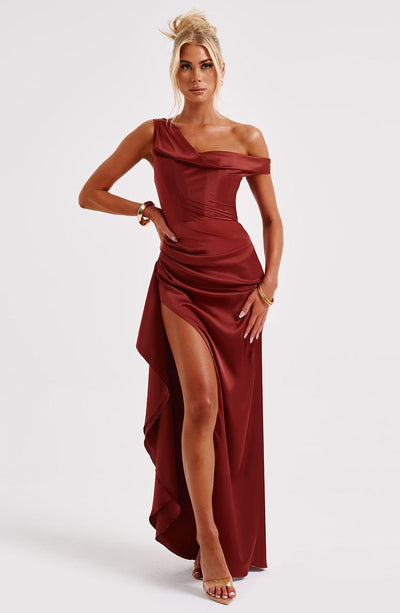 Women’s Evening Gown - One Shoulder - Ruching Bodice - High Slit - Draped Floor-Length