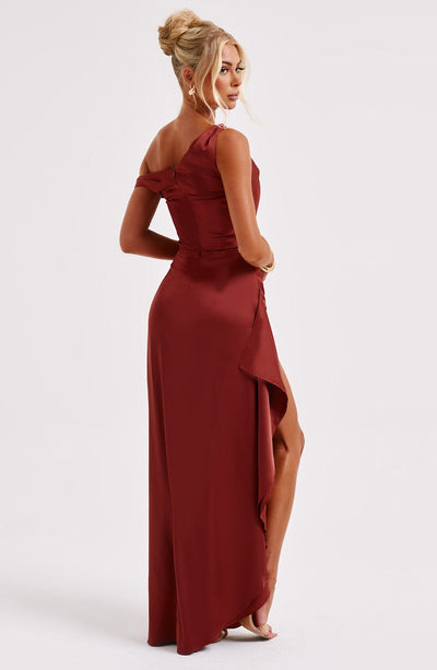 Women’s Evening Gown - One Shoulder - Ruching Bodice - High Slit - Draped Floor-Length