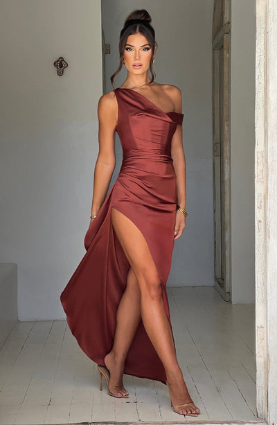 Women’s Evening Gown - One Shoulder - Ruching Bodice - High Slit - Draped Floor-Length