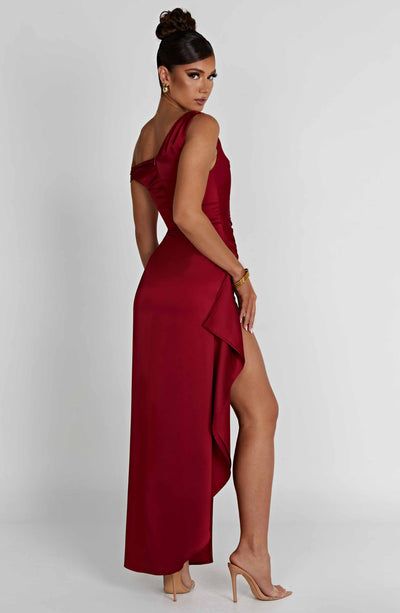 Women’s Evening Gown - One Shoulder - Ruching Bodice - High Slit - Draped Floor-Length