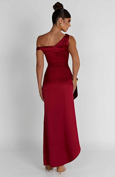 Women’s Evening Gown - One Shoulder - Ruching Bodice - High Slit - Draped Floor-Length