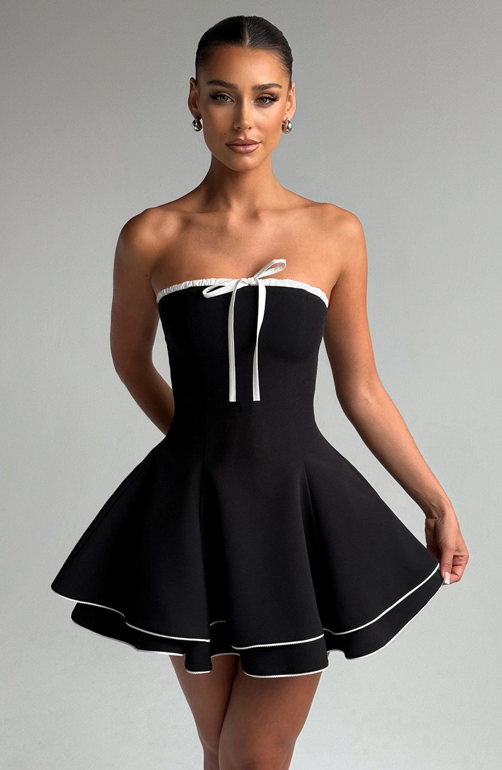 Women’s Strapless Mini Dress - Fit and Flare - Bow Detail - Structured Party Wear
