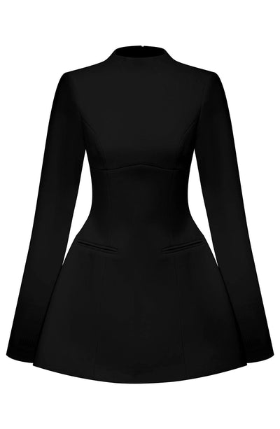 Women’s Mini Dress – Long Sleeve – High Neck – Fitted Bodice – Flared Skirt – Elegant Fit