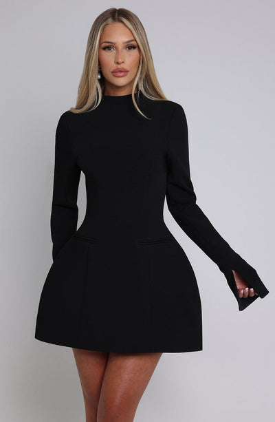 Women’s Mini Dress – Long Sleeve – High Neck – Fitted Bodice – Flared Skirt – Elegant Fit