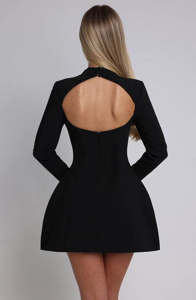 Women’s Mini Dress – Long Sleeve – High Neck – Fitted Bodice – Flared Skirt – Elegant Fit
