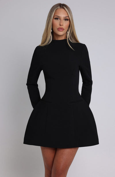 Women’s Mini Dress – Long Sleeve – High Neck – Fitted Bodice – Flared Skirt – Elegant Fit