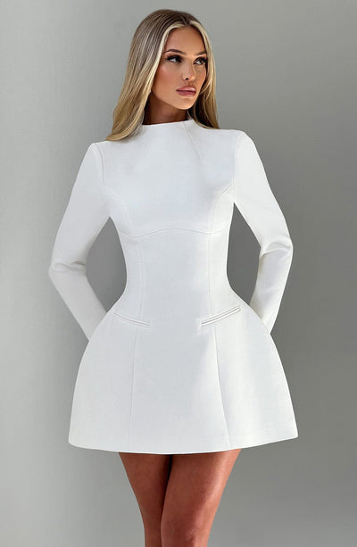 Women’s Mini Dress – Long Sleeve – High Neck – Fitted Bodice – Flared Skirt – Elegant Fit
