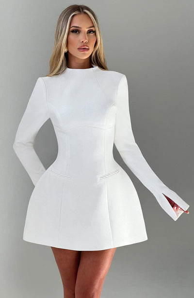 Women’s Mini Dress – Long Sleeve – High Neck – Fitted Bodice – Flared Skirt – Elegant Fit