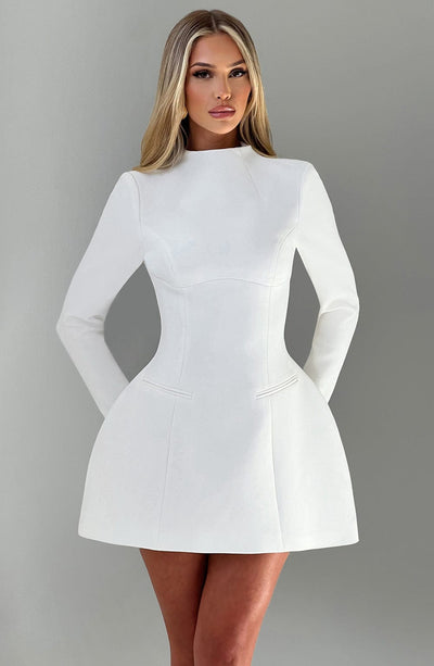 Women’s Mini Dress – Long Sleeve – High Neck – Fitted Bodice – Flared Skirt – Elegant Fit