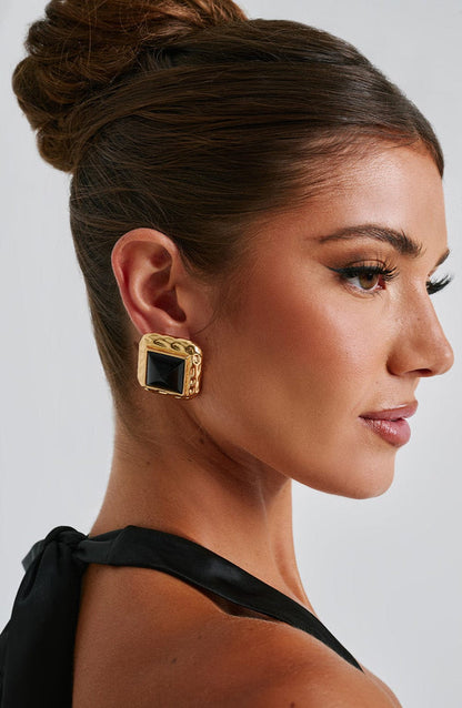 Women’s Statement Earrings - Geometric Design - Textured Frame - Faceted Center Stone