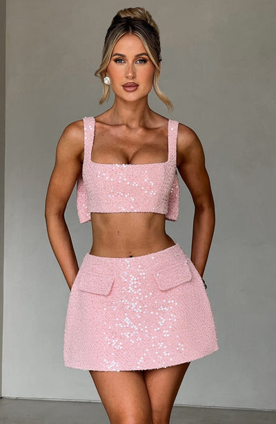 Women’s Two-Piece Set - Sleeveless Crop Top & High-Waisted Mini Skirt - Fitted Elegant Look