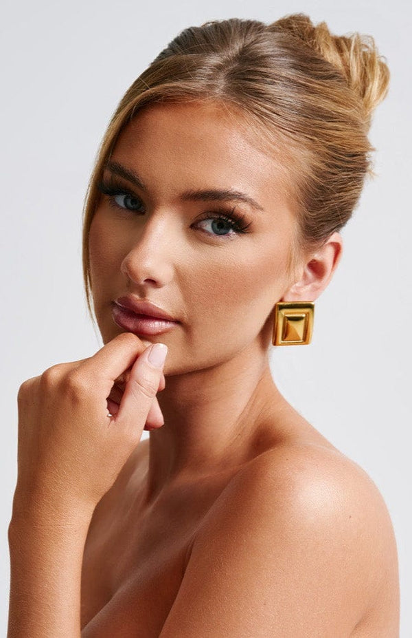 Women’s Statement Earrings - Geometric Square Studs - Layered Metal Design - Bold Accessory