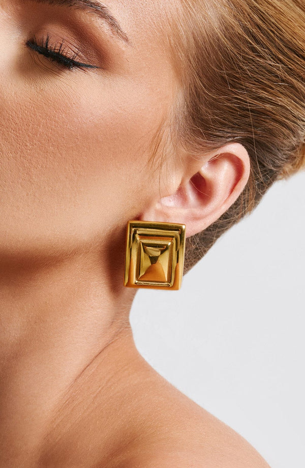 Women’s Statement Earrings - Geometric Square Studs - Layered Metal Design - Bold Accessory