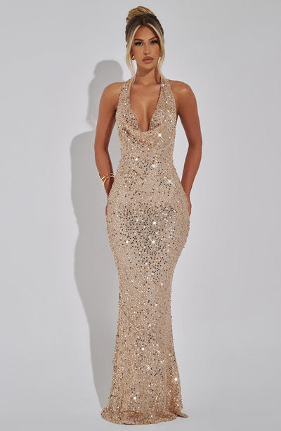 Women’s Gown - Sequin Embellished - Halter Neck - Fitted Silhouette - Elegant Formal Wear