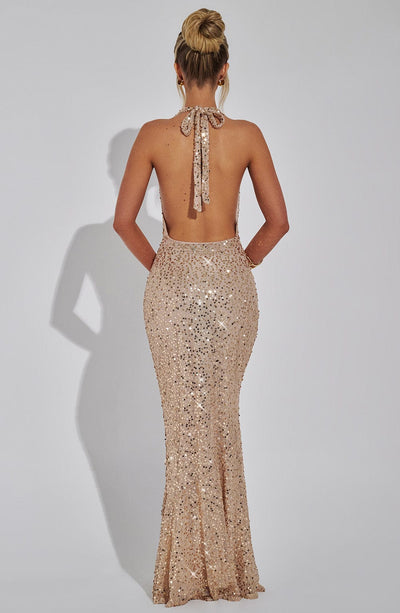 Women’s Gown - Sequin Embellished - Halter Neck - Fitted Silhouette - Elegant Formal Wear