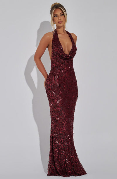 Women’s Gown - Sequin Embellished - Halter Neck - Fitted Silhouette - Elegant Formal Wear