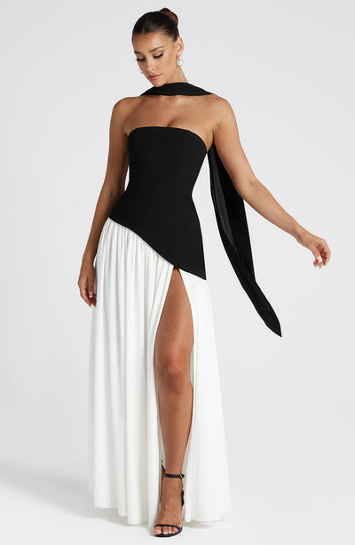 Women’s Evening Gown - Strapless Fitted Bodice - High Slit - Asymmetric Waistline