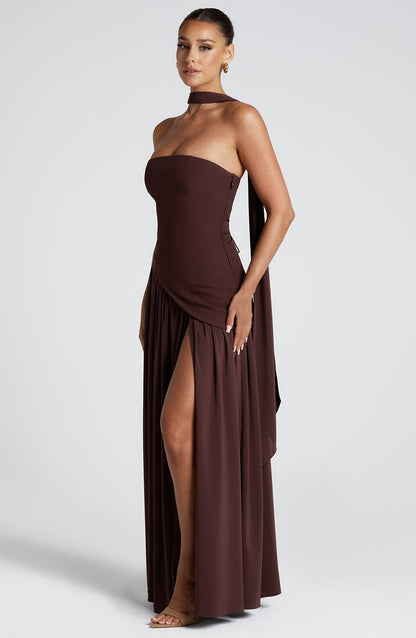 Women’s Evening Gown - Strapless Fitted Bodice - High Slit - Asymmetric Waistline