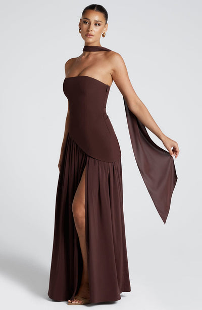 Women’s Evening Gown - Strapless Fitted Bodice - High Slit - Asymmetric Waistline