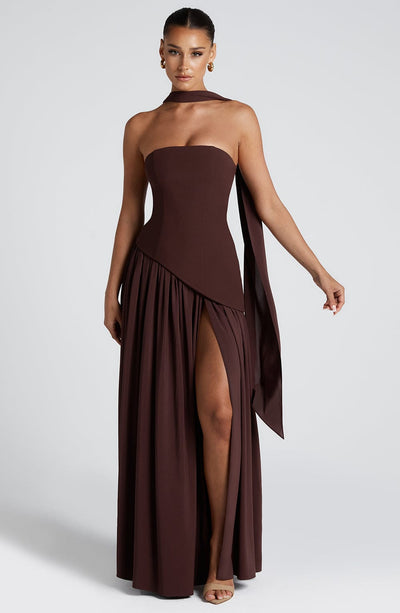 Women’s Evening Gown - Strapless Fitted Bodice - High Slit - Asymmetric Waistline