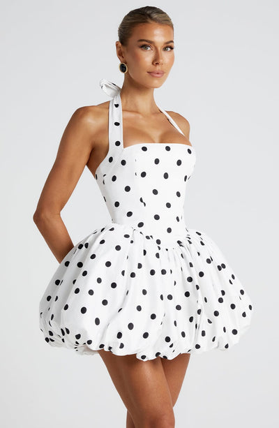 Women’s Halter Neck Dress - Sweetheart Neckline - Bubble Hem - Retro Dotted Pattern