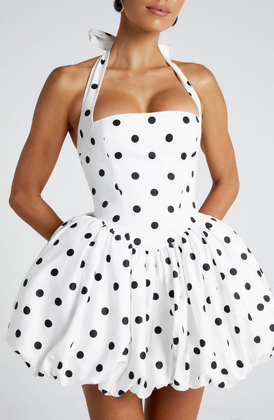 Women’s Halter Neck Dress - Sweetheart Neckline - Bubble Hem - Retro Dotted Pattern