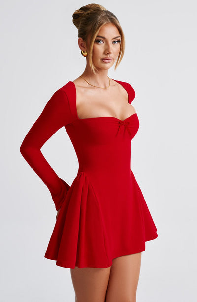 Women’s Mini Dress – Sweetheart Neckline – Long Sleeve – Fitted Bodice – Flared Skirt