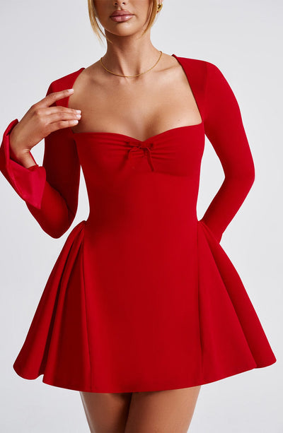 Women’s Mini Dress – Sweetheart Neckline – Long Sleeve – Fitted Bodice – Flared Skirt