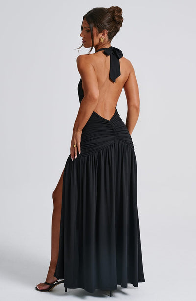 Women’s Evening Gown - Halter Neck - Deep V-Neck - Ruched Bodice - High Slit Maxi Dress