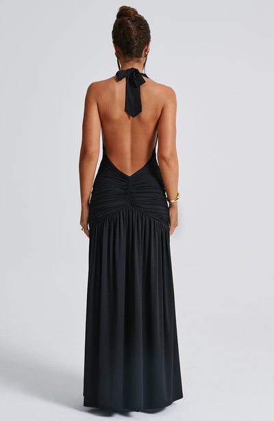 Women’s Evening Gown - Halter Neck - Deep V-Neck - Ruched Bodice - High Slit Maxi Dress