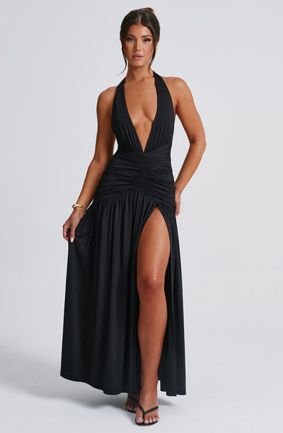 Women’s Evening Gown - Halter Neck - Deep V-Neck - Ruched Bodice - High Slit Maxi Dress