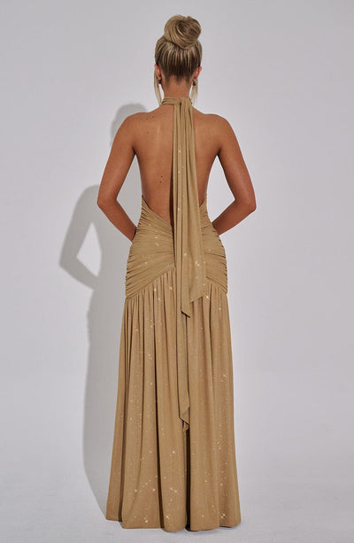 Women’s Evening Gown - Halter Neck - Deep V-Neck - Ruched Bodice - High Slit Maxi Dress
