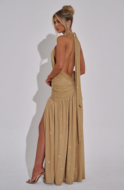 Women’s Evening Gown - Halter Neck - Deep V-Neck - Ruched Bodice - High Slit Maxi Dress
