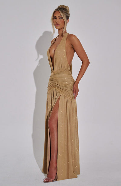Women’s Evening Gown - Halter Neck - Deep V-Neck - Ruched Bodice - High Slit Maxi Dress