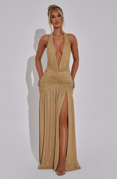 Women’s Evening Gown - Halter Neck - Deep V-Neck - Ruched Bodice - High Slit Maxi Dress